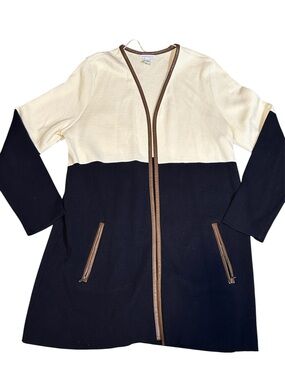 Charter Club Two tone cardigan scream Navy Leather pockets workwear minimalist
